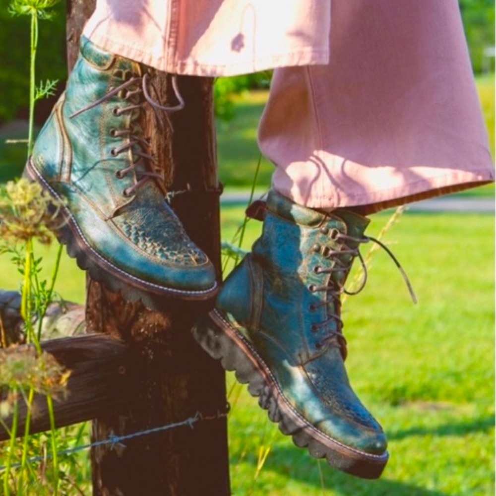 BED STU Boots ELISHA II Leather Green Dark Teal Lux Platform Size 8